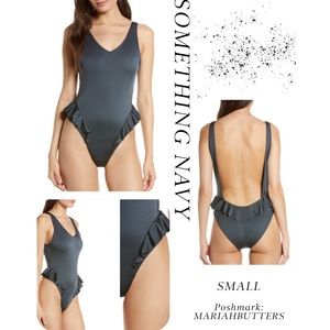 NWT Something Navy Ruffle Shadow Metallic Swimsuit